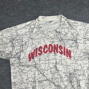 Vintage 90s Single Stitch Wisconsin AOP Map Graphic T Shirt Men's XL